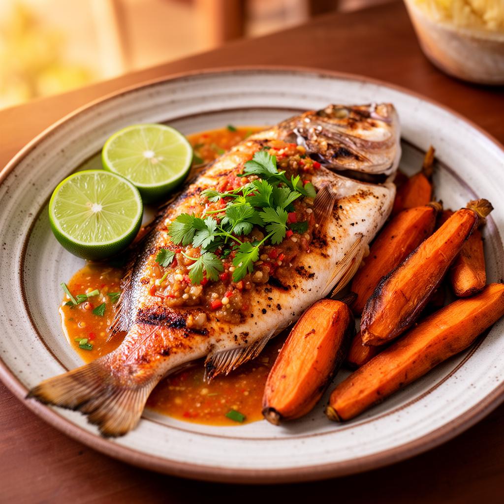Poisson grillé sauce chien et purée de patate douce — plat signature Or'Saveurs